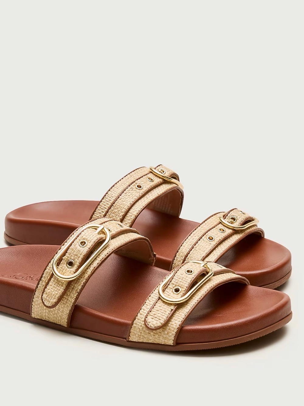 J. Crew Beige Raffia Double-Buckle Slide Sandals with Brown Footbed